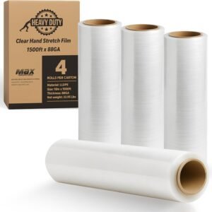 Heavy Duty 18" Shrink Wrap Roll – Clear Stretch Wrap for Moving & Packing | 7 Layer 80 Gauge Industrial Strength 1500 Ft Length 20 Micron Thick Up to 800% Stretch | Box of 4 Rolls