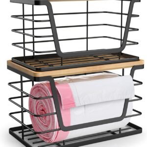 ALOCEO 2 Pack Storage Stackable Kitchen Laundry Organizers with Bamboo Top, Large Trash Bag Holder and Small Garbage Bag Dispenser for Countertop Organization