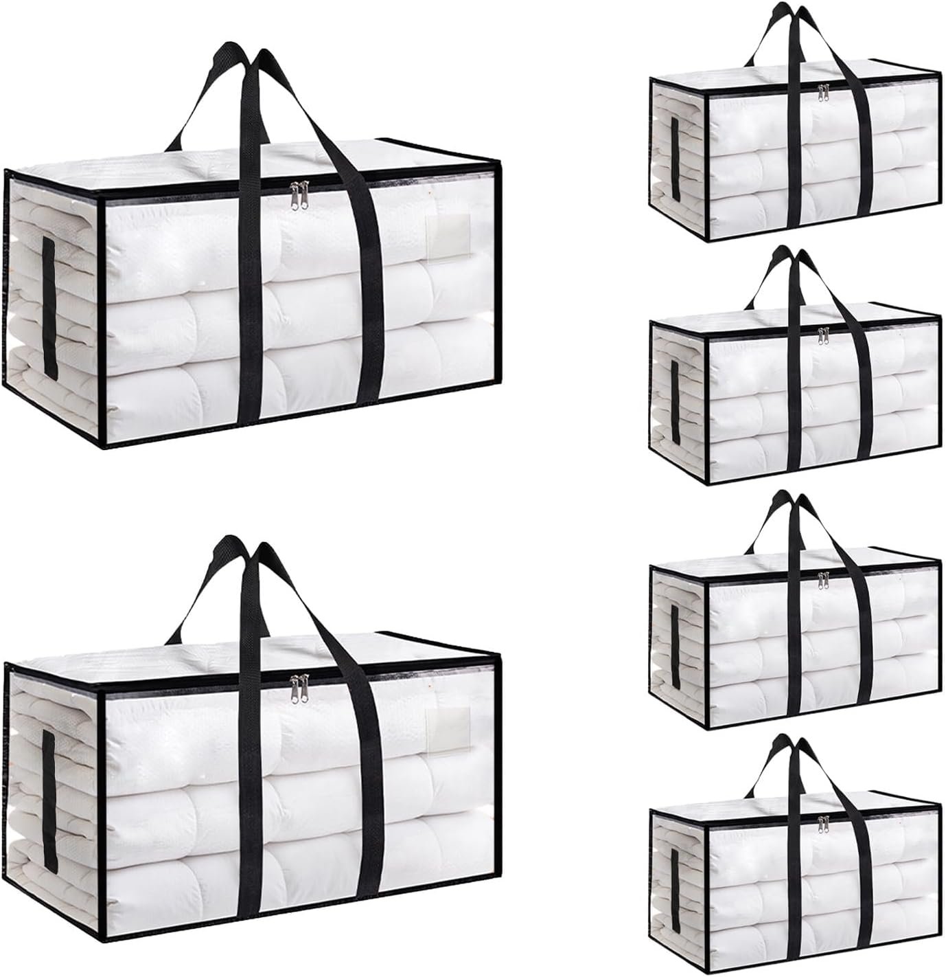 6 Pack-Extra Large Heavy Duty Moving Bags - Waterproof Storage Totes with Handles & Zippers, Foldable for College Dorm, Storage (Clear)