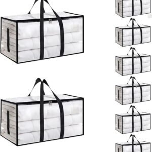 8 Pack-Extra Large Heavy Duty Moving Bags - Waterproof Storage Totes with Handles & Zippers, Foldable for College Dorm, Storage (Clear)