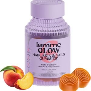 Lemme Glow Collagen Gummies for Thick Hair, Strong Nails & Healthy Skin with Multi-Collagen Peptides, Biotin, Trace Minerals, Zinc, Vitamins A, C & E, Dairy & Gluten Free, Peach Flavor, 60 ct.