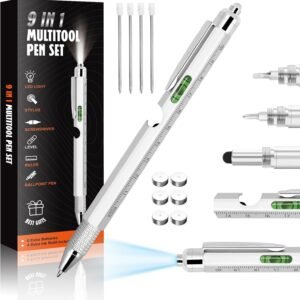 Cool Pen Gifts for Men, 9-in-1 Multi Tool Tech Pen Gadgets Tools for Men, Personalized Gifts for Dad or Him, Funny Gift for Christmas, Father's Day Valentines or Birthdays Gifts (9 IN 1 Silver)
