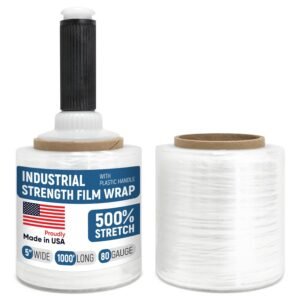 5" x 1000’ Industrial Strength Stretch Wrap, Ready to Use Pack of 2 Mini Rolls with one Handle, Clear Plastic Film, 80 Gauge Thick, 500% Elongation – Heavy-Duty Shrink Wrap for Moving, Packing