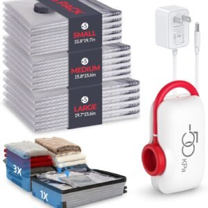 VMstr 15-Pack Vacuum Seal Bags for Clothing with High Pressure DC Electric Pump | Compression Vacuum Bags for Travel & Luggage Packing | Carry-On Size