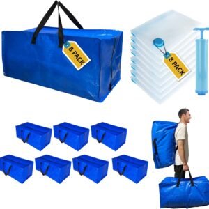 16 Pack Heavy Duty Extra Large Moving Bags with Backpack Straps & Large Vacuum Storage Bags Moving Supply Combo, Moving Totes with Handles & Zippers for Space Saving, Fold Flat, Includes Vacuum Bags