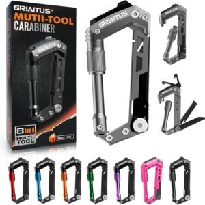 Carabiner Multitool with Pocket Knives, 8-in-1 EDC Carabiners, Serrated Knife, Rope Cutter, Screwdriver, Can Bottle Opener, Ruler, Folding Knife for Camping Hiking, Gifts for Men (Grey)
