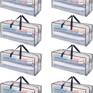 VENO 8 Pack Moving Bags w/Backpack Straps, Heavy Duty, Moving Boxes Alternative, Packing Supplies, Large Storage Totes for Dorm Room Essentials with Zipper for Clothes (Clear, 8 Pack)