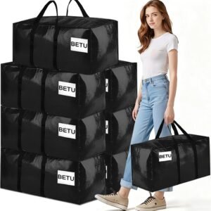 Extra Large Moving Bags Heavy Duty Storage Bags with Zipper Handles, BETU 8 Pack Clothes Storage Totes Bins Packing Moving Boxes, Moving Supplies for College Dorm Essentials, Space Saving, Black