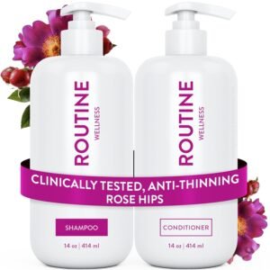 Routine Wellness Anti-Thinning Shampoo and Conditioner Set for Thinning Hair - Biotin DHT Blocker Women & Men - Color Safe Shampoo for Hair Loss & Healthier Hair - Rose Hips (Pack of 2)