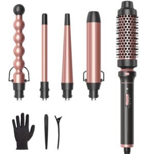 Wavytalk 5 in 1 Curling Wand Set, Multi Curl, Curling Wand Set with Thermal Brush and 4 Interchangeable Ceramic Curling Wand(0.5”-1.25”), Instant Heat Up Wand Curling Iron (Rose Gold)