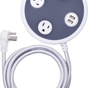 Jasco Surge Protector Power Strip with USB Charger, 3 Outlets, 2 USB Ports, 2.4A Fast Charging, 8 ft Braided Extension Cord, Flat Plug, 450 Joules, Etl Listed, Gray/White, 41386