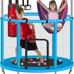 55" Trampoline for Kids with Enclosure, 440lbs Capacity Indoor & Outdoor Toddler Trampoline with Adjustable Gymnastics Bar & Toys, for Boys & Girls