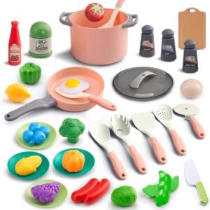 35Pcs Kids Kitchen Toy Accessories, Toddler Pretend Cooking Playset with Play Pots, Pans, Utensils, Cookware, Play Food Set, Toy Vegetables, Learning Gift for Girls & Boys (Pink)