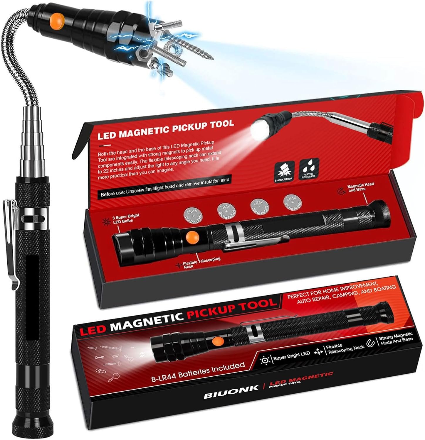 Biuonk LED Magnetic Pickup Tool, Stocking Stuffers Christmas Gifts for Men, White Elephant Gifts for Adults Dad Husband Him, Telescoping Magnet Cool Gadgets for Mechanics Engineers
