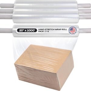 IDL Packaging 20" x 1000' Hand Stretch Wrap Roll of 80 Gauge with Extended Cardboard Handles (4 Rolls) - Extra Sticky Clear Plastic Wrap Film - Pallet Wrap Stretch Film for Packing, Shipping & Moving