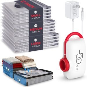 VMstr 12 Pack Vacuum Seal Bags for Clothing Travel, Carry-on Size for Luggage Compression Packing, Space Saver Bags with High Pressure Electric Pump (DC Power)