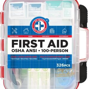 Be Smart Get Prepared First Aid Kit Hard Red Case 326 Pieces Exceeds OSHA and ANSI Guidelines 100 People - Office, Home, Car, School, Emergency, Survival, Camping, Hunting and Sports (20HBC01015REV3)