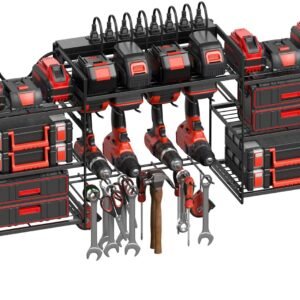 CCCEI Black Power Tool Organizer Wall Mount, Large Tools and Battery Storage Rack Charging Station Individual Switches. Drills Holder, Garage Utility Shelves with 6FT Power Strip. Gift for Men.