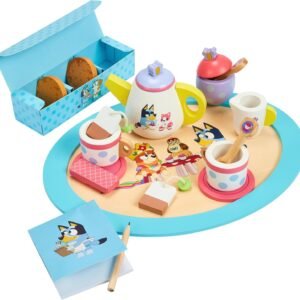 8th Wonder Bluey Toys Wooden Tea Party Set, 18-Piece Durable Toy Tea Set with Tray, Teapot, Teaspoons, and More, Pretend Play for Toddlers of Ages 3+
