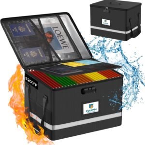 Fireproof File Box with Lock, 5200°F Document Box Storage Organizer, Suitable for Hanging File Folders in Letter Size, Collapsible Box, Reflective Strip for Fast Find (16.6*12.6*10.2, Black)