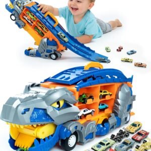 13 in 1 Dinosaur Toys for Kids 3-6, Carrier Truck Race Track Toddlers Toys, Foldable Track Playset,Dinosaur Truck with 12 Die-Cast Racing Car Toys, Xmas Gifts for Boys Girls