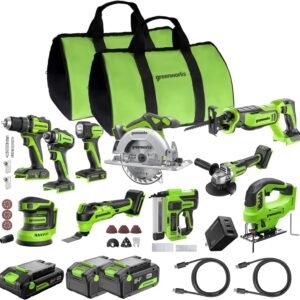 Greenworks 24V Brushless 10PC Power Tool Combo, Drill+Impact Driver+Circular Saw+Recip Saw+Jig Saw+Sander+Light+Multi-Tool+Nailer+Grinder (2) 4.0Ah+2.0Ah Batteries (24,000mAh Power Bank) USB-C Charger