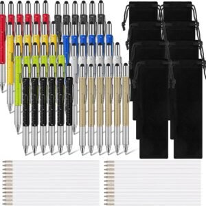 24 Pcs Multitool Pen 6 in 1 Screwdriver Pen Gadget Stocking Stuffers Christmas Gifts for Dad Multitool Pen with Touch Screen Stylus Top Ruler Level Gauge Screwdriver Black Refills Bags for Men Father