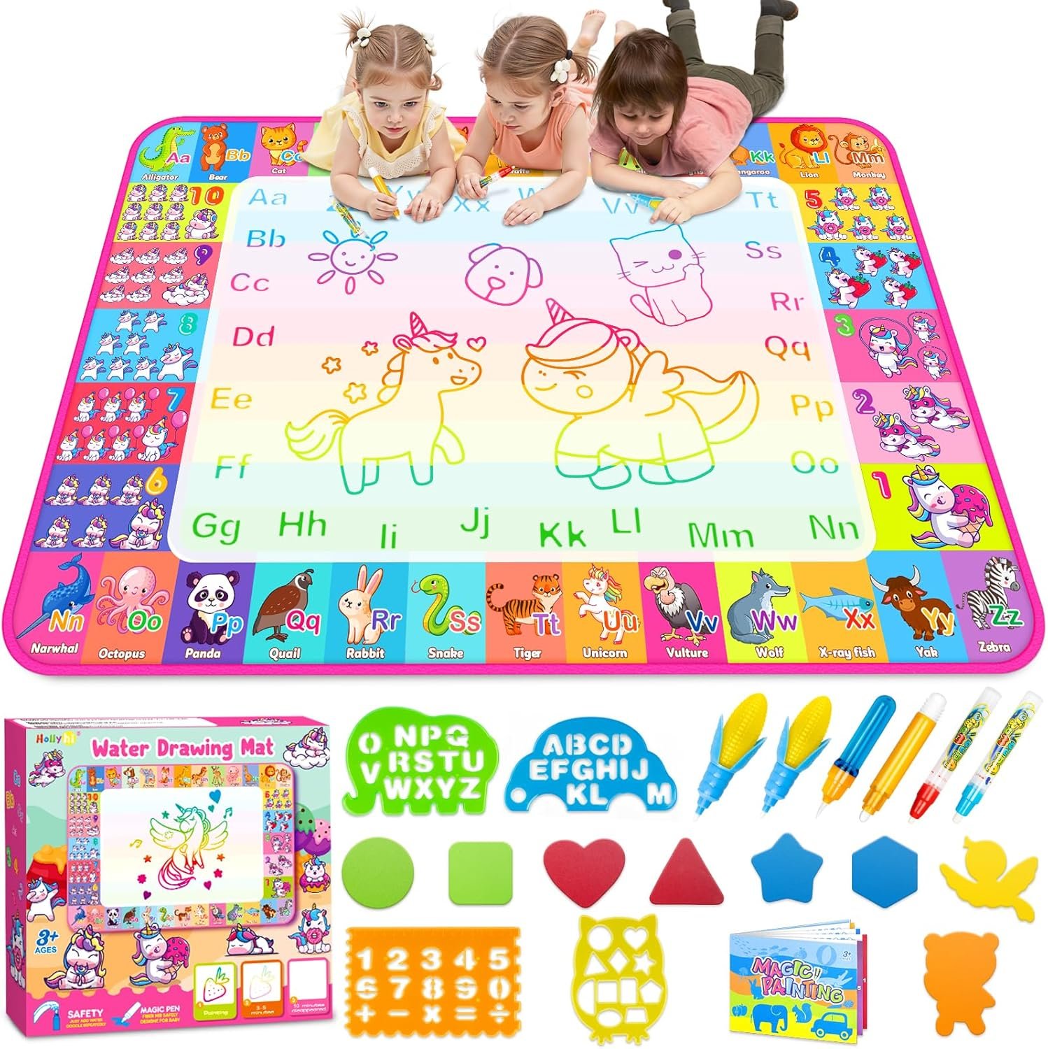 Aqua Water Doodle Mat - Kids Drawing Mat Toddlers Educational Toys for Age 3 4 5 6 7 8 Year Old Boys Girls Gifts - Neon Color Mat Doodle Board Writing Drawing Toys Holiday Christmas Birthday Gifts