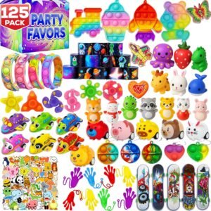 125 Pcs Party Favors Fidget Toys Pack, Randomly Selected Pop Sensory Set Gifts Stickers for Kids Adults Boy Girl Stocking Stuffers Autistic Bulk Goodie Bag Filler Treasure Box Classroom Prizes School