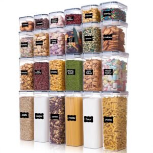Airtight Food Storage Containers with Lids, Vtopmart 24 pcs Plastic Kitchen and Pantry Organization Canisters for Cereal, Dry Food, Flour and Sugar, BPA Free, Includes 24 Labels，Black