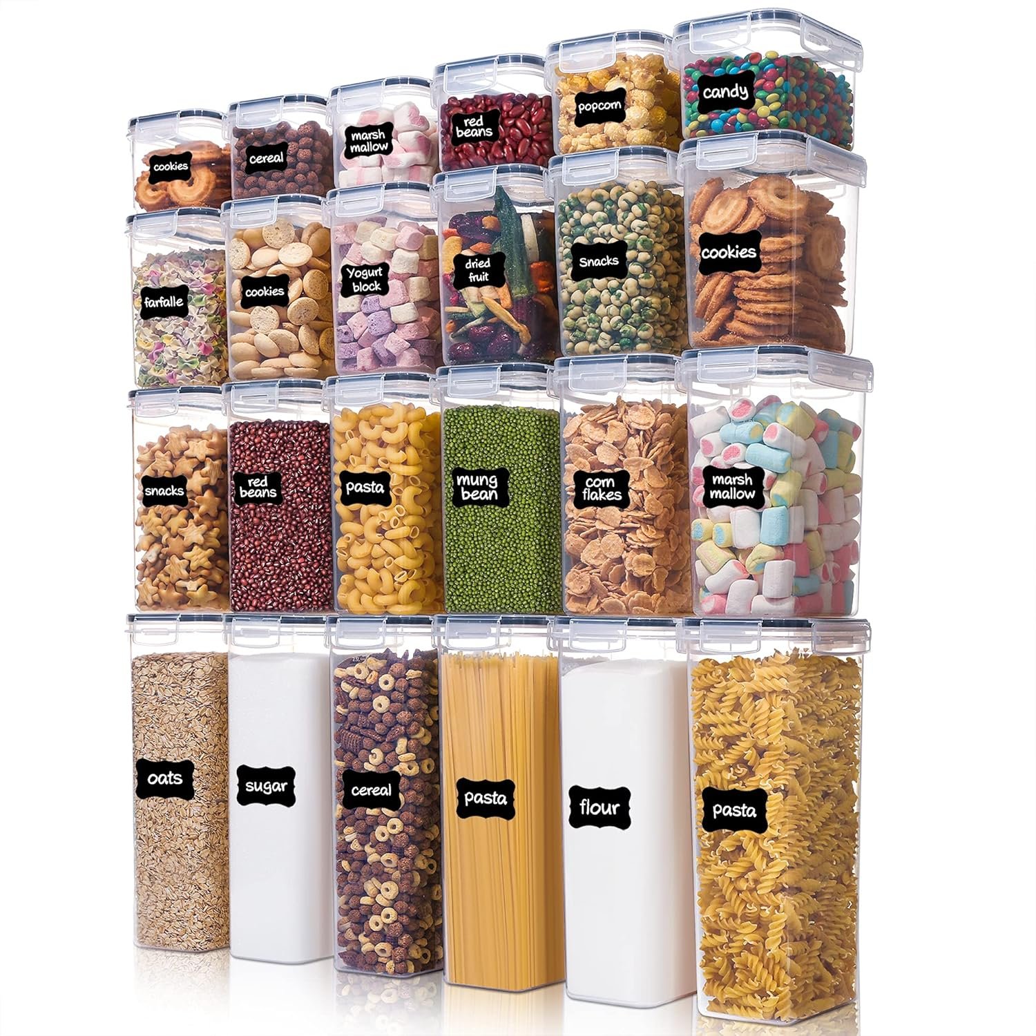 Airtight Food Storage Containers with Lids, Vtopmart 24 pcs Plastic Kitchen and Pantry Organization Canisters for Cereal, Dry Food, Flour and Sugar, BPA Free, Includes 24 Labels,Black