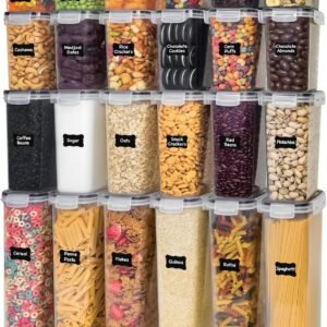 Freshware Kitchen Storage Containers with Lids, 48 PCS Airtight Food Storage Containers, Plastic Kitchen Containers, Pantry Containers for Cereal, Dry Food, Includes Labels, Marker & Measuring Spoons